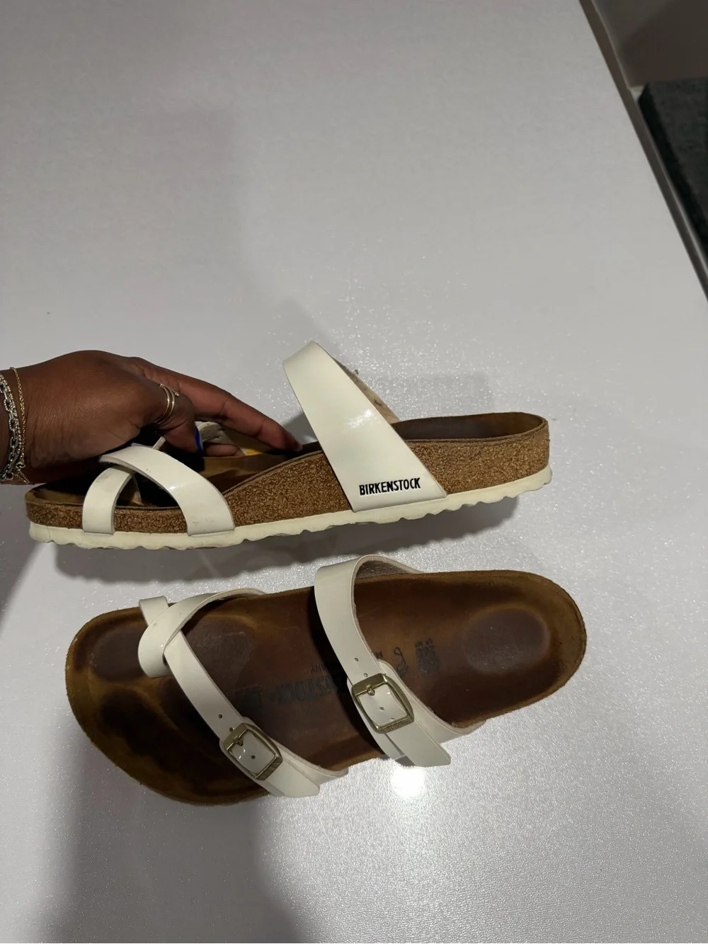 Birkenstock Mayari Sandals — White Patent, Size 40